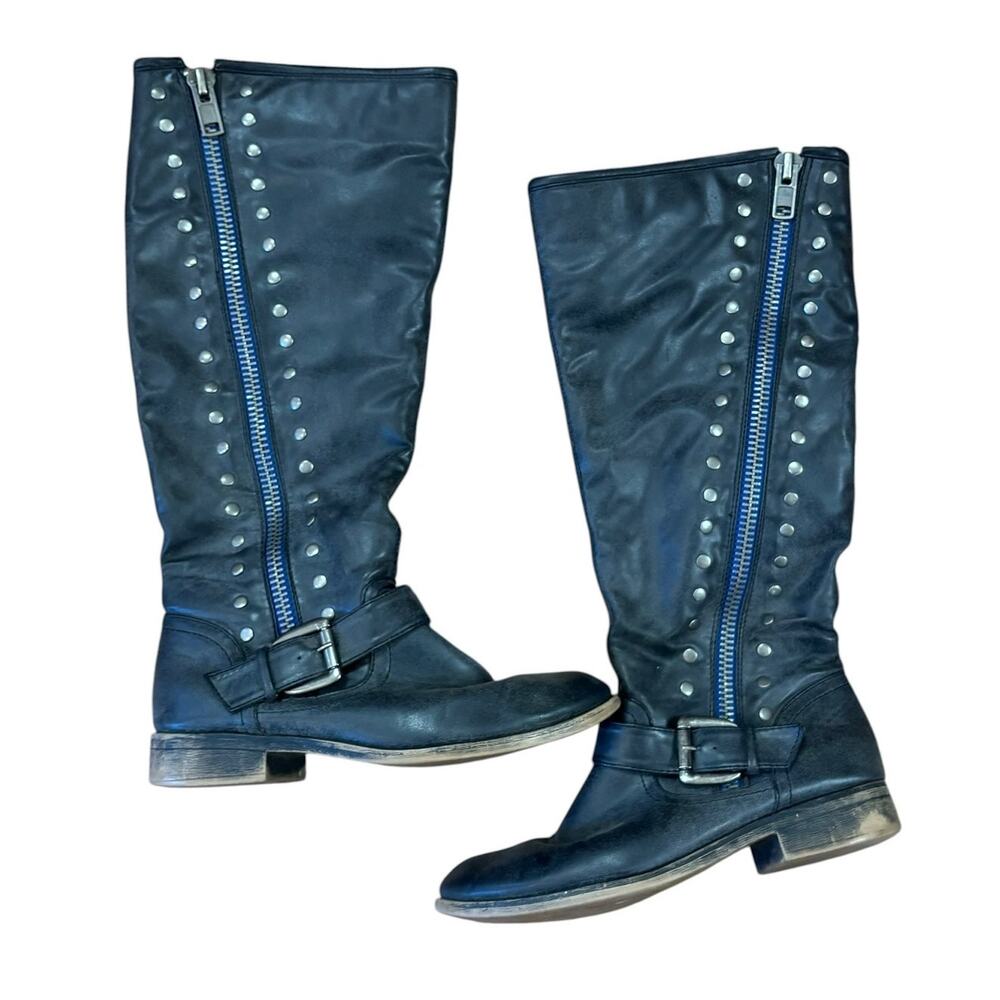 Tall Dark Gray Zipper Studded Buckle Strap Boots Womens 7.5 Moto Y2K Gothic Punk